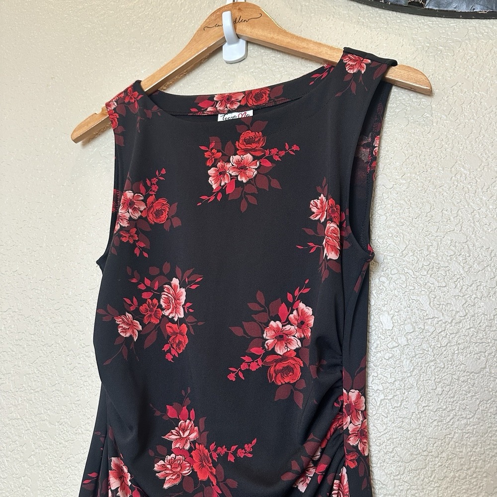 90s Y2k Black Bodycon Dress Red Roses Rouched Sides Teeze Me USA Medium - Picture 2 of 6